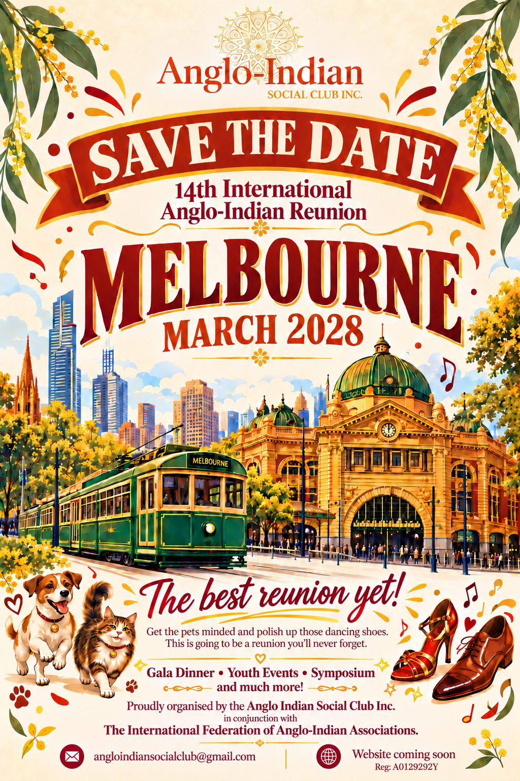 Save the date flyer: 14th International Anglo-Indian Reunion, Melbourne, March 2028. Gala dinner, youth events, symposium and much more.